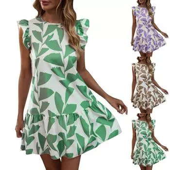 Свободная короткая юбка, круглый вырез, модное платье с короткими рукавами с принтом