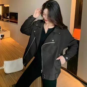 Свободная кожаная куртка женская в американском стиле, маленький короткий костюм, гонконгский стиль, кожаная куртка для мотоцикла, весна, новый стиль S