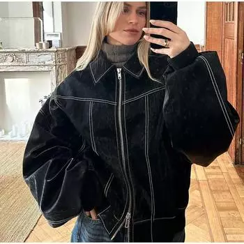 Свободная кожаная женская куртка с лацканами и длинным рукавом, свободная молния, осеннее лоскутное женское пальто M чёрный