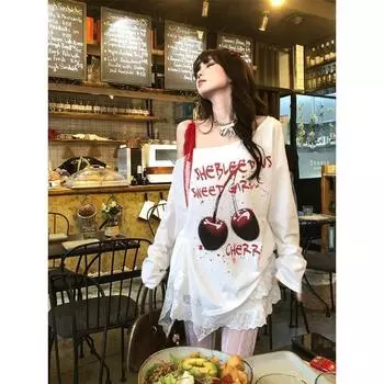 Свободная кружевная футболка с косыми плечами и кружевным ремешком, женская новая осенняя футболка со специями и утягивающим топом S белый