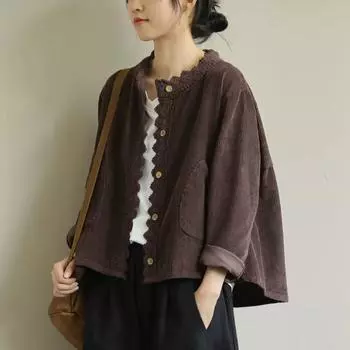 Свободная куртка большого размера с длинными рукавами и круглым вырезом в литературном стиле для женщин, весна-осень, однотонная вельветовая кружевная универсальная короткая куртка 3XL зелёный