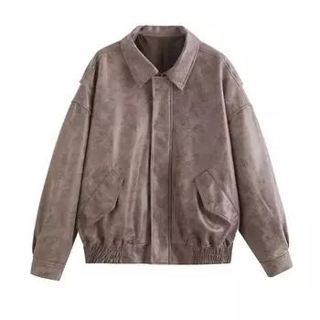 Свободная куртка-бомбер с лацканами, женская, осень-зима 2024, винтажное замшевое кожаное пальто, верхняя одежда, уличная одежда для мотоциклистов и байкеров S чёрный