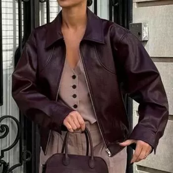 Свободная куртка из искусственной кожи, пальто для женщин, осень-зима, длинный рукав, лацкан, винно-красные пальто, винтажная мода, куртки-бомберы для поездок на работу S вино красного