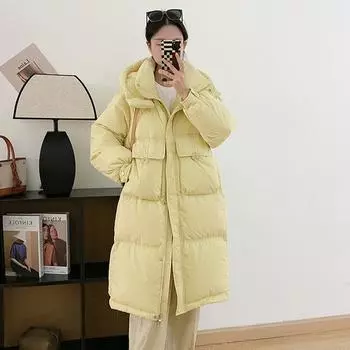 Свободная куртка на белом утином пуху с большим карманом, женская зимняя куртка 2024 года, новая средняя и длинная толстая зимняя теплая куртка One size