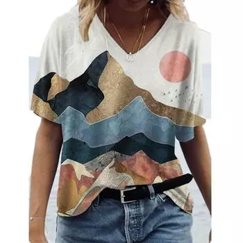 Свободная летняя молодежная женская футболка с V-образным вырезом и короткими рукавами с 3D-принтом S