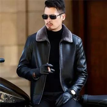 Свободная меховая куртка-папа из натуральной кожи, мужская повседневная кожаная куртка из овчины, утолщенная куртка для мужчин среднего возраста M