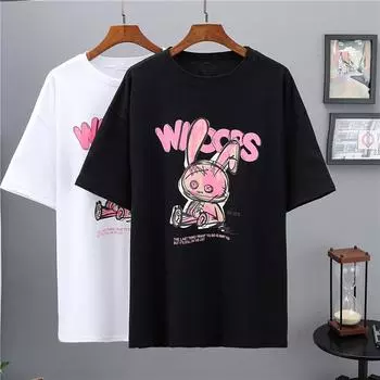 Свободная модная футболка с высоким воротником и принтом кролика, летняя студенческая куртка M чёрный