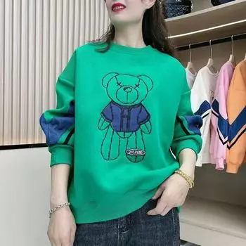 Свободная модная толстовка с круглым вырезом больших размеров, женская осенняя корейская версия, повседневная куртка большого размера M чёрный