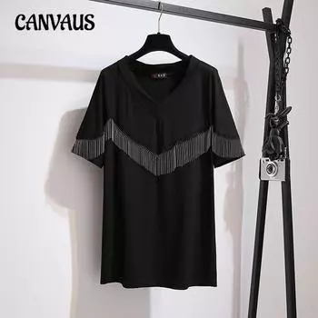 Свободная модная женская летняя футболка с короткими рукавами и кисточками большого размера XXL чёрный