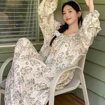 Свободная ночная рубашка, женская ночная рубашка, весна-осень, пижама с длинным рукавом, с цветочным принтом, домашняя одежда M