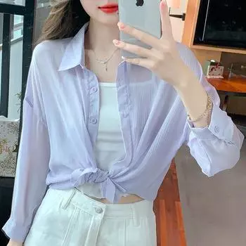 Свободная одежда средней длины, женская шифоновая блузка, солнцезащитная рубашка, летняя весна, прозрачная рубашка, тонкий кардиган с длинными рукавами 26970 One Size хаки