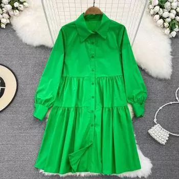 Свободная однобортная маленькая свежая рубашка-юбка в стиле французского ретро с длинными рукавами и воротником-поло