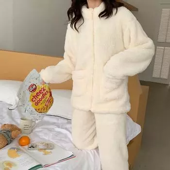 Свободная пижама из кораллового флиса, зимняя новая водолазка, фланелевый пижамный комплект, утепленная женская домашняя одежда, домашняя одежда, интимное белье M бежевый