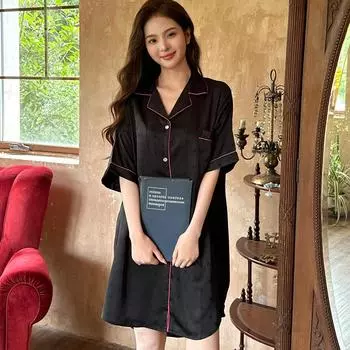 Свободная пижама из ледяного шелка для женщин, летняя повседневная рубашка с короткими рукавами из жаккарда, свободная простая атласная пижама M