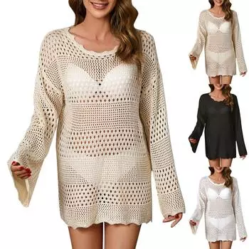 Свободная пляжная накидка, женская полая вязаная пляжная юбка с рукавами-колокольчиками L чёрный