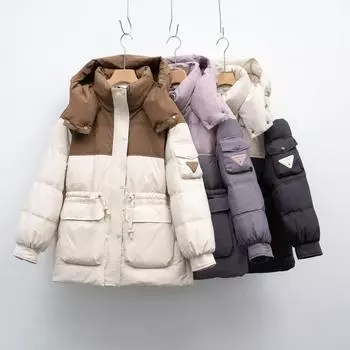 Свободная, подходящая по цвету, теплая зимняя одежда с капюшоном, белая утиная пуховая куртка с длинными рукавами и молнией M бежевый