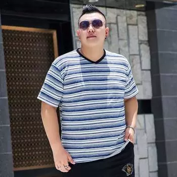 Свободная полосатая футболка для полных мужчин больших размеров, популярные молодежные топы больших размеров с короткими рукавами, вес 200 фунтов 2XL синий