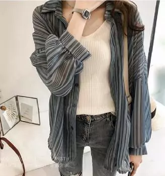 Свободная полосатая рубашка с рукавами-фонариками, женский шифоновый кардиган, рубашка-солнце, куртка Tide Vintage, базовая офисная повседневная женская рубашка, удобная женская одежда M розовый