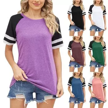 Свободная полосатая женская футболка в стиле пэчворк с круглым вырезом и короткими рукавами L красный