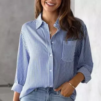 Свободная полосатая женская свободная повседневная рубашка с длинным рукавом Блузки Рубашки S чёрный