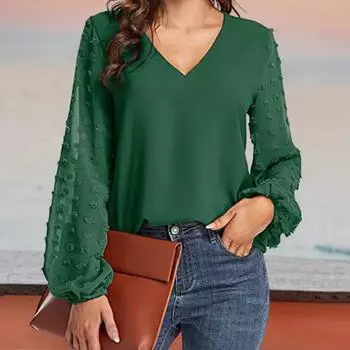 Свободная посадка с V-образным вырезом, однотонная повседневная блузка с жаккардовым принтом и длинными рукавами 2XL чёрный