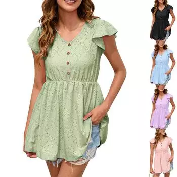 Свободная повседневная футболка с талией, женский топ с V-образным вырезом и короткими рукавами L чёрный