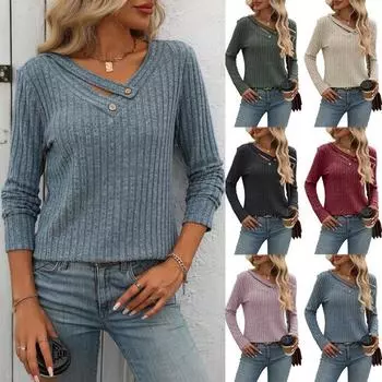 Свободная повседневная футболка в полоску с V-образным вырезом и петлями для пуговиц для женщин, рубашка нижнего слоя на осень и зиму S серо голубой