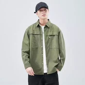 Свободная повседневная куртка-рубашка из плотного стираного хлопка в японском ретро-стиле, цельный воротник в горошек зеленого цвета. M армия зеленый