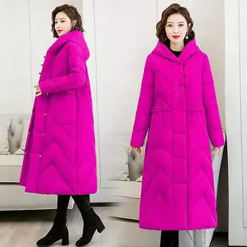 Свободная повседневная куртка с наполнителем, длинная перекрашенная куртка с наполнителем, женская ретро-пуховая куртка с литературным рисунком для мам среднего и пожилого возраста M красный