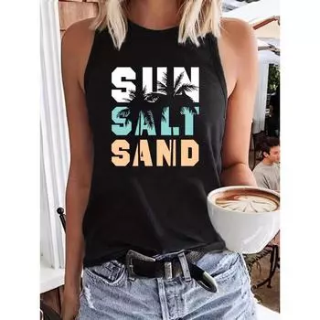 Свободная повседневная летняя женская футболка, футболка без рукавов, с принтом в виде надписи «песок и солнце», круглый вырез S