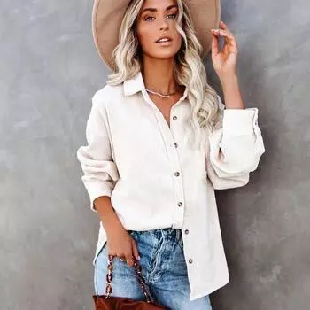 Свободная повседневная новая рубашка осень-зима женская однотонная вельветовая повседневная универсальная куртка с лацканами S розовый