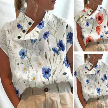 Свободная повседневная рубашка без рукавов с асимметричной планкой на пуговицах и ярким цветочным принтом XL синий