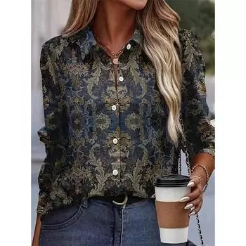 Свободная повседневная рубашка с длинным рукавом и лацканами L темно-синий