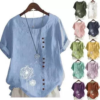 Свободная повседневная рубашка с коротким рукавом и принтом на пуговицах, женские летние топы, женская уличная одежда, блузка больших размеров с круглым вырезом, женская мода 24159 S небесно-голубой