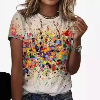Свободная повседневная рубашка с круглым вырезом и короткими рукавами с цветным узором и 3D-цифровой печатью для женщин S