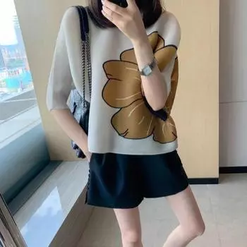 Свободная повседневная темпераментная иностранная футболка, осенняя плиссированная футболка с принтом, универсальный топ с круглым вырезом, футболка с короткими рукавами, женская футболка M бежевый