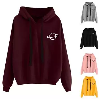 Свободная повседневная толстовка с капюшоном и принтом «Планета» для женщин L чёрный