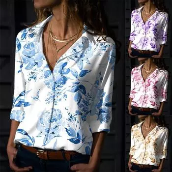 Свободная повседневная женская рубашка с длинными рукавами и лацканами с принтом бабочек из Европы и США S фиолетовый