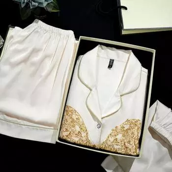 Свободная принтованная короткая пижама из трех частей из ледяного шелка, женский костюм с короткими рукавами, женский летний тонкий мягкий пижамный комплект M