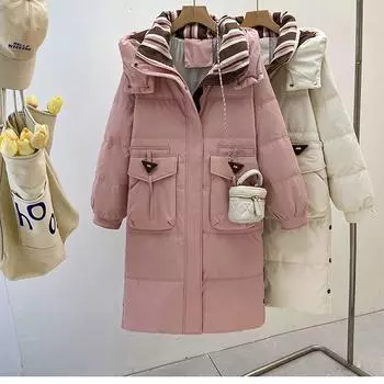 Свободная пуховая одежда средней и длинной длины выше колена Женская зимняя куртка с капюшоном большого размера Узкая куртка M чёрный