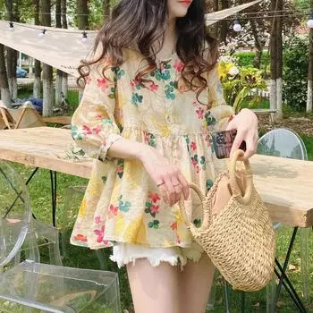 Свободная рубашка-пончо из рами с цветочным принтом и милым иностранным рисунком. Рубашка со средним рукавом. S жёлтый