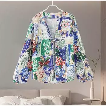 Свободная рубашка с цветочным принтом на шнуровке для женщин, повседневная блузка большого размера с рукавами-фонариками, новый модный топ с V-образным вырезом и длинными рукавами, тонкое пальто S