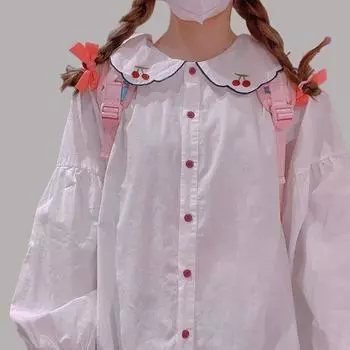 Свободная рубашка с длинным рукавом и вышивкой вишни с рукавами-фонариками для женщин S 75 jin -95 jin