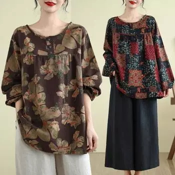 Свободная рубашка с длинными рукавами для женщин среднего возраста и пожилых людей больших размеров из хлопка и льна с принтом, закрывающая живот, стиль весна-осень L темно-коричневого