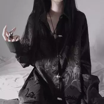 Свободная рубашка унисекс с жаккардовой мерсеризованной нежелезной металлической пряжкой в китайском стиле с рисунком дракона 2XL чёрный