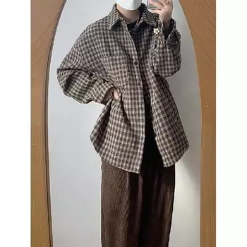 Свободная рубашка в клетку в японском стиле, мужская и женская, модная брендовая рубашка на весну и осень, универсальная рубашка для пары, повседневное пальто с длинным рукавом Pu Shuai M чёрный