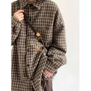 Свободная рубашка в клетку в японском стиле, мужская и женская, модная брендовая рубашка на весну и осень, универсальная рубашка для пары, повседневное пальто с длинным рукавом Pu Shuai M чёрный