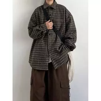 Свободная рубашка в клетку в японском стиле, мужская и женская, модная брендовая рубашка на весну и осень, универсальная рубашка для пары, повседневное пальто с длинным рукавом Pu Shuai M чёрный