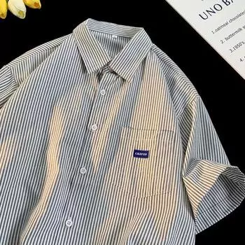 Свободная рубашка в полоску для мужчин и пар 2024 года — легкий повседневный топ M синий