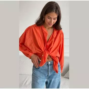 Свободная рубашка женская прозрачная с длинным рукавом и отложным воротником женская блузка весенняя однобортная женская верхняя часть XL оранжевый